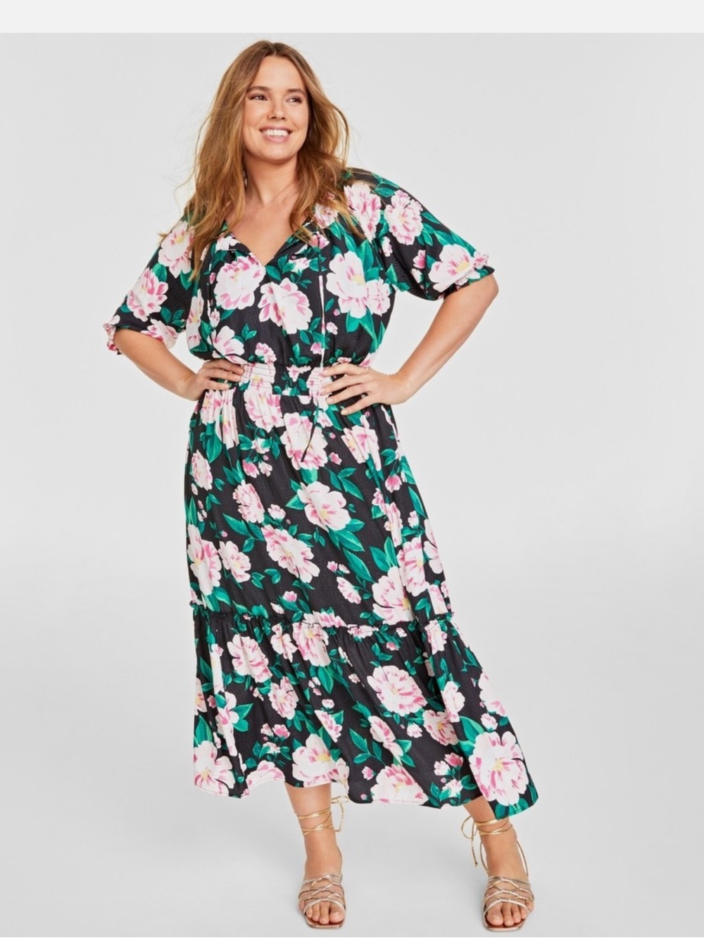 On 34th Black Maxi Dress with Pink Floral Print
